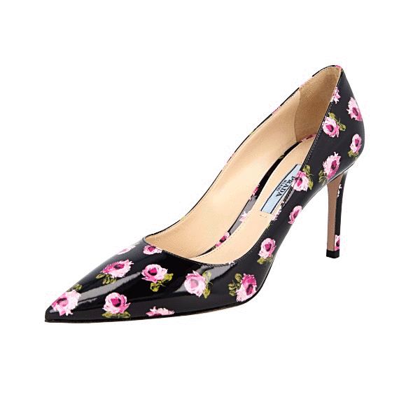LUXURY PRADA PUMPS SHOES 1I834I BLACK PATENT LEATHER ROSE