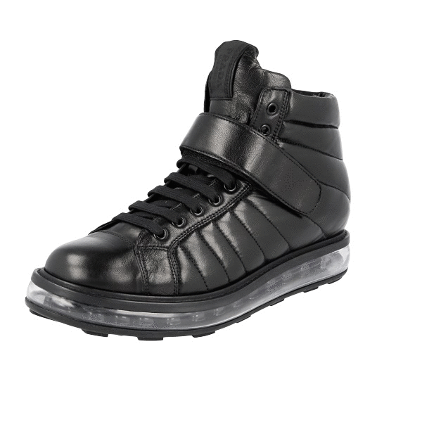 靴 PRADA Air Sole Black Leather Shoes 37 PRADA Leather AIR SOLE Platform High-Top Sneakers Black - NEW - US