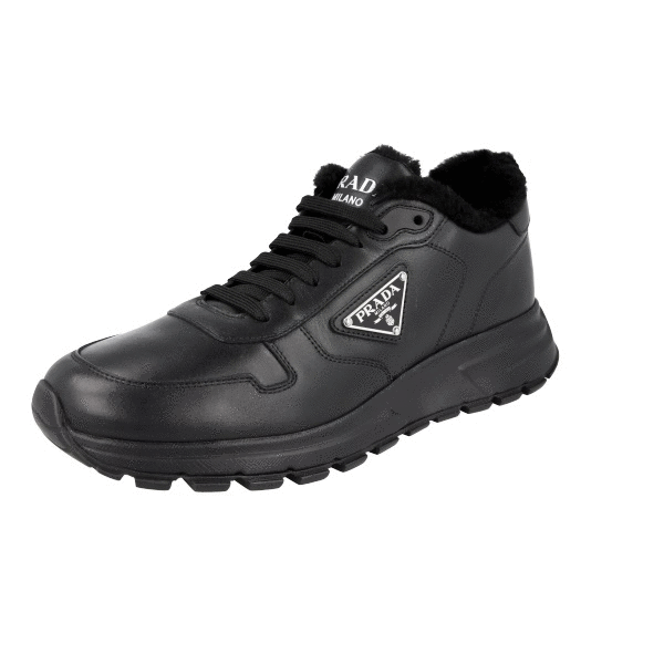 PRADA PRAX 01 SNEAKERS SHOES 2EE369 BLACK LEATHER FUR LINED