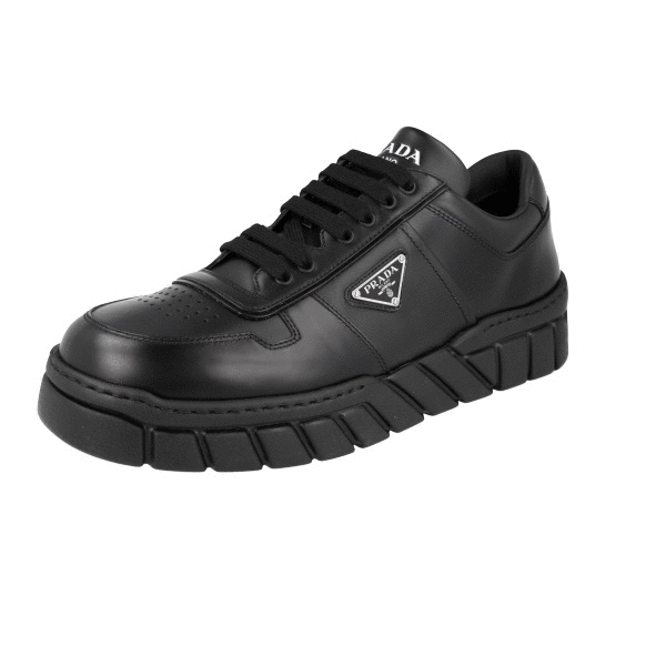 靴 PRADA SPORT Emblem Leather Shoes Black Prada Sport Black Patent Leather and Nylon Low Top Sneakers