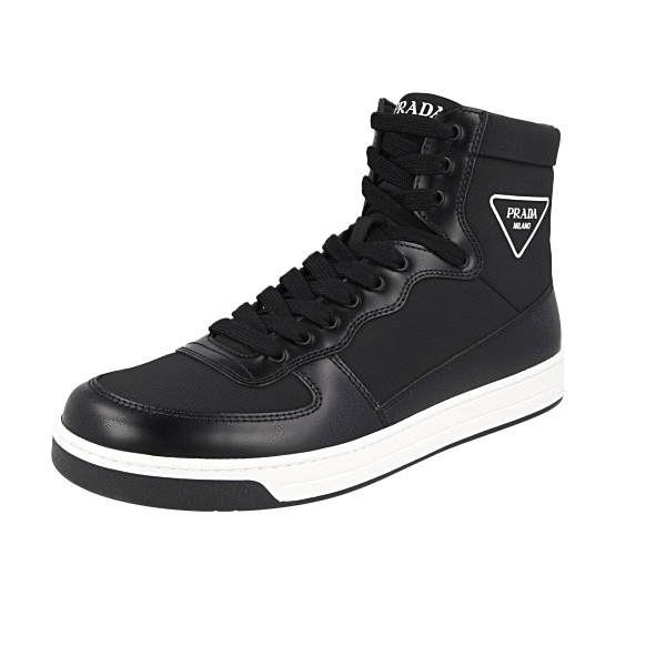 PRADA DOWNTOWN HIGH-TOP SNEAKERS SHOES BLACK WHITE TRIANGLE