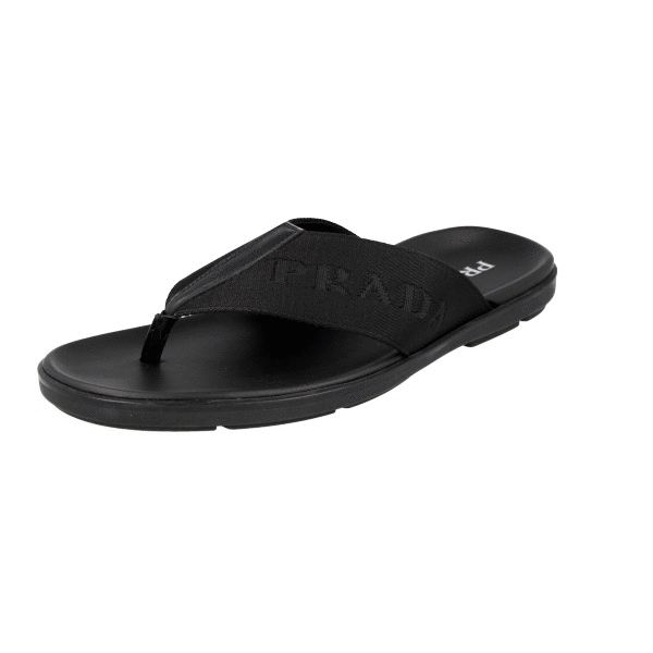 スリッポン PRADA BLACK LEATHER THONG SLIPPERS Logo padded leather thong sandals in black - Prada | Mytheresa