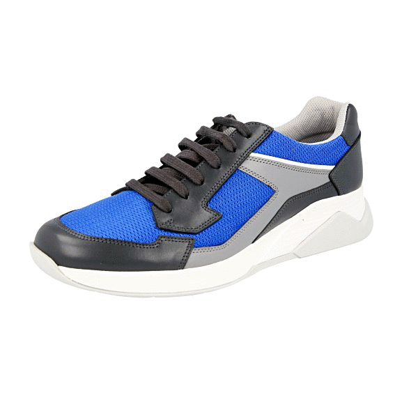 LUXURY PRADA SNEAKERS SHOES 4E2816 BLUE + GREY LEATHER +