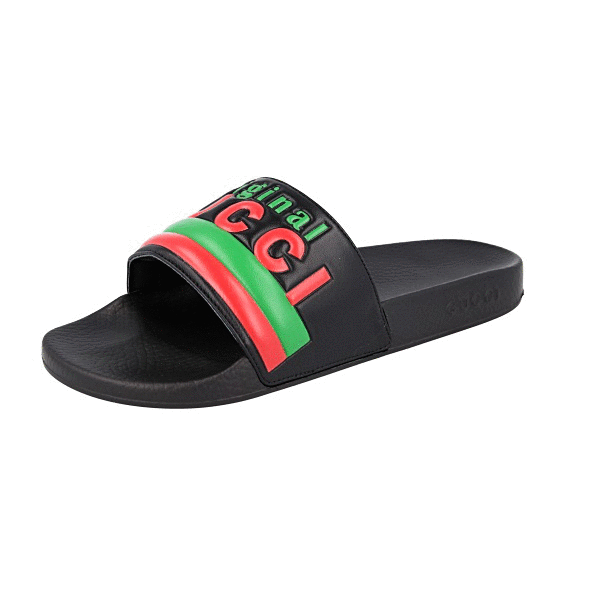 LUXURY GUCCI SANDALS SHOES SLIDES BLACK LEATHER GREEN RED US 9 EU