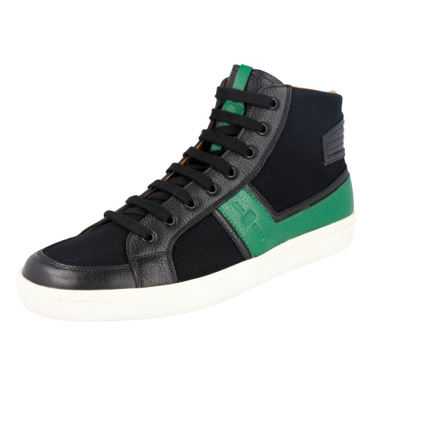Prada Green and Gray High Top Sneakers Prada Men White Leather Neon Green Sole High Top Sneakers  main image 4