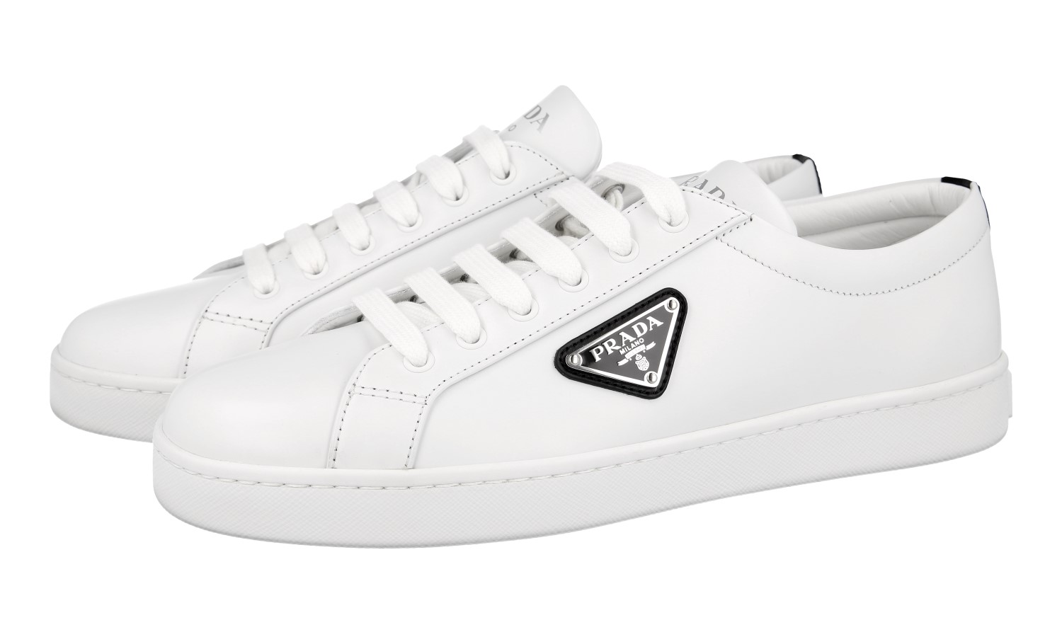 PRADA SNEAKERS SHOES 1E941M ALL WHITE BLACK TRIANGLE LEATHER