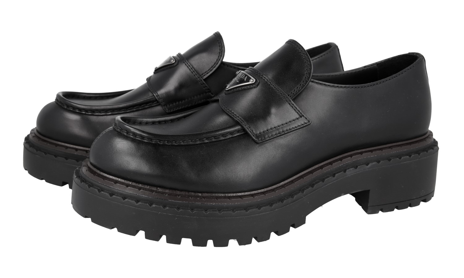 PRADA Leather Double Chocolate Loafer Shoes - 2DE148 - Black - NEW